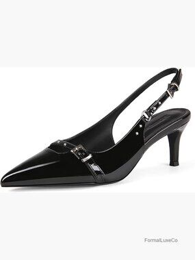 Slingback Heels Pointed Toe Kitten Heel Patent Leather Slip On Pumps